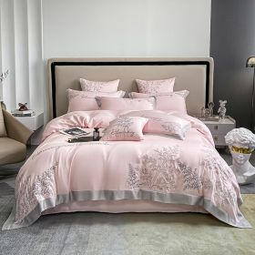 High-end Embroidered Lyocell Fiber Bed Sheet Four-piece Set (Option: Cherry Blossom Pink-200X240CM)